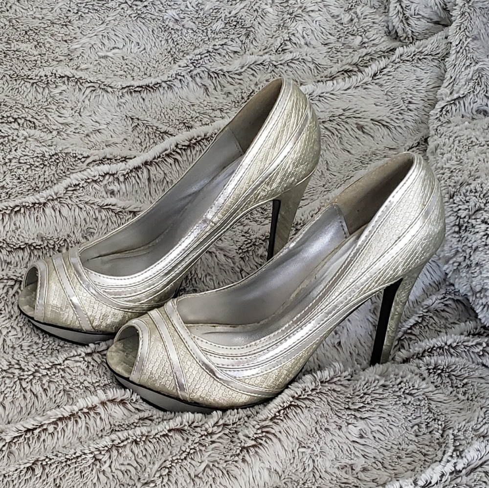 Silver peep toe platform heels
